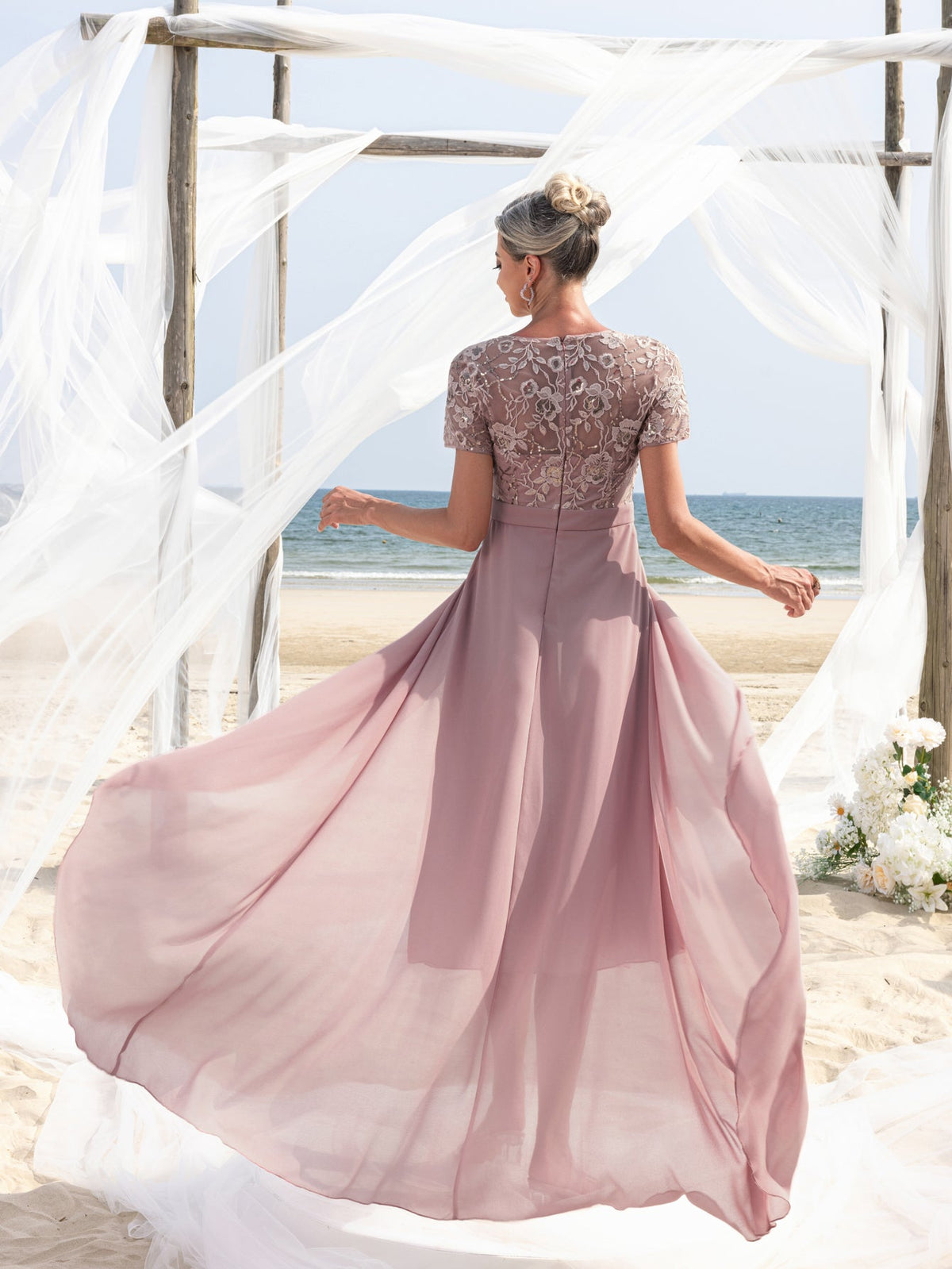 Additional product view of Embroidered Sequin Bodice Asymmetrical Lace Boat-Neck Short-Sleeve Mother-of-the-Bride Dress