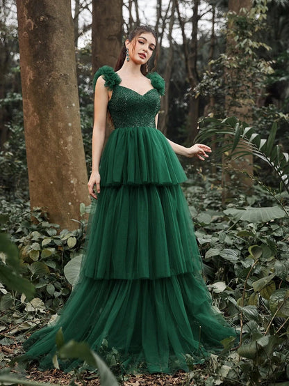 Gorgeous Sweetheart Collar Sequin Bodice Contrast Mesh Hem Prom Dress