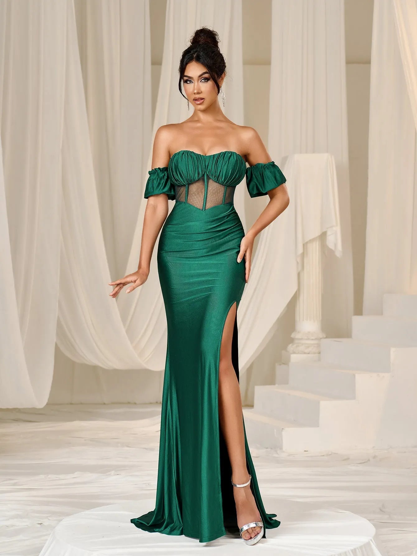 Mermaid Hem Off-Shoulder Knit Backless Short-Sleeve Evening Gown in Dark Green