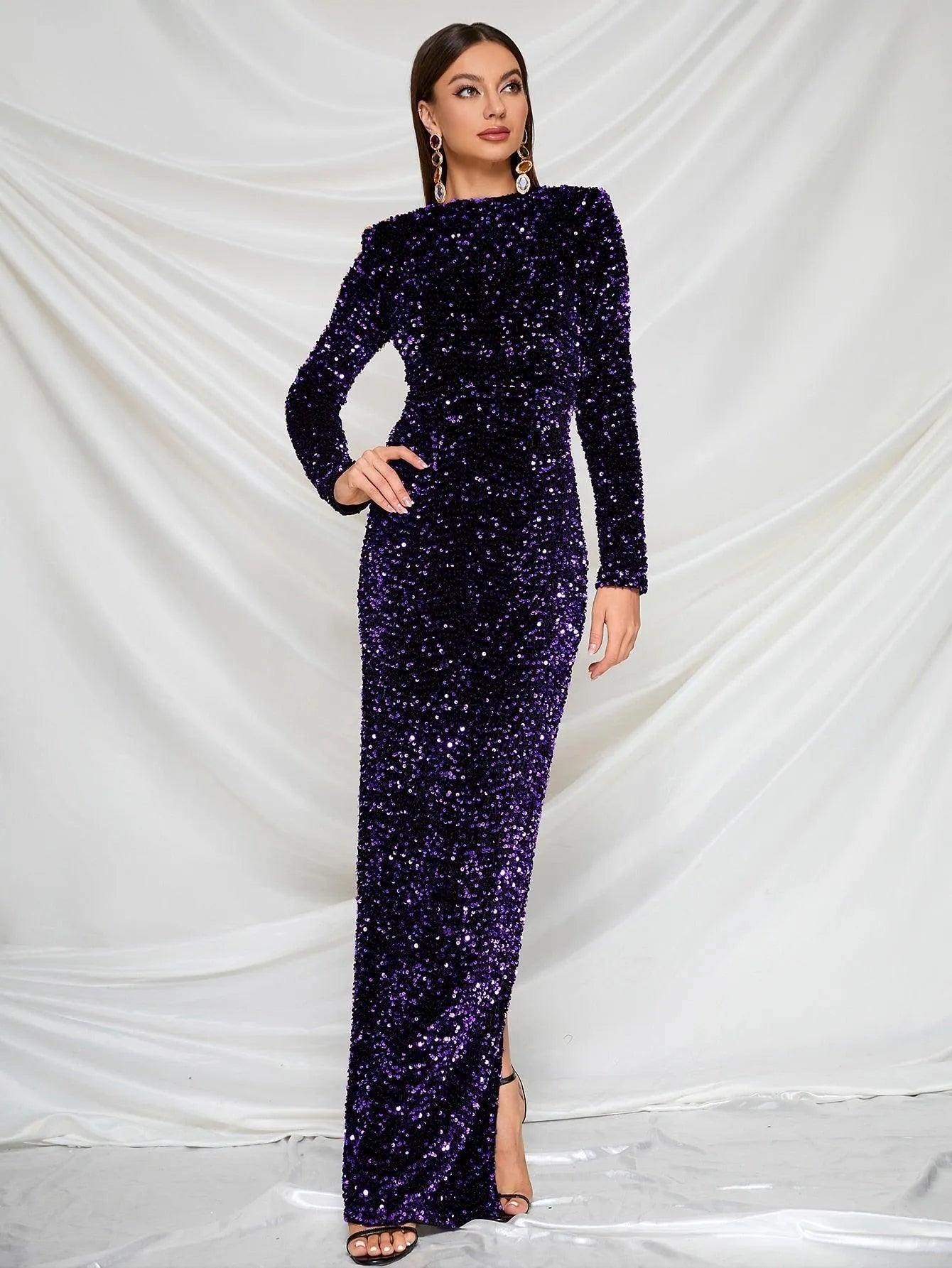 Alternate view of Split Hem Mock-Neck Sequin Sheath Long-Sleeve Evening Gown in Purple