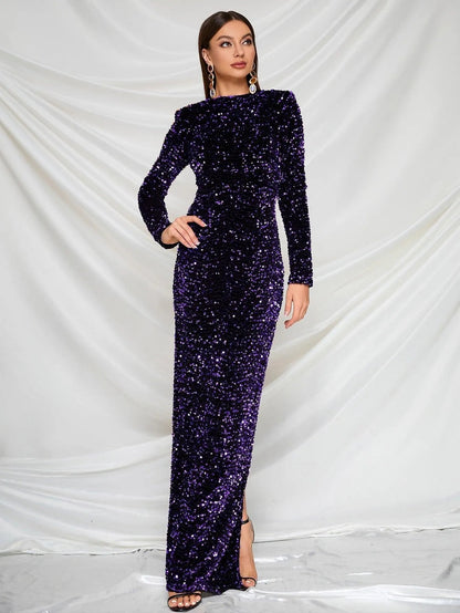 Alternate view of Split Hem Mock-Neck Sequin Sheath Long-Sleeve Evening Gown in Purple