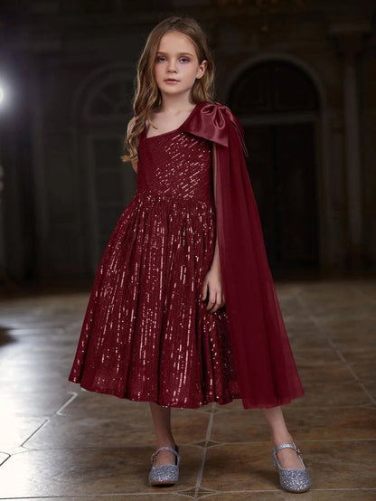 Additional product view of Draped Side Bow Detail One-Shoulder Sequin A-Line Tween Girls' Party Dress
