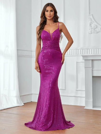 Elegant Plunging Neck Ruched Front Sequin Cami Dress – view 3