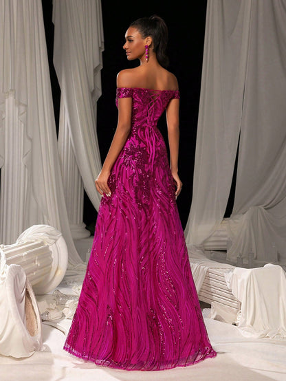 Elegant Off Shoulder Graphic Sequin Formal Prom Dress Evening Dress