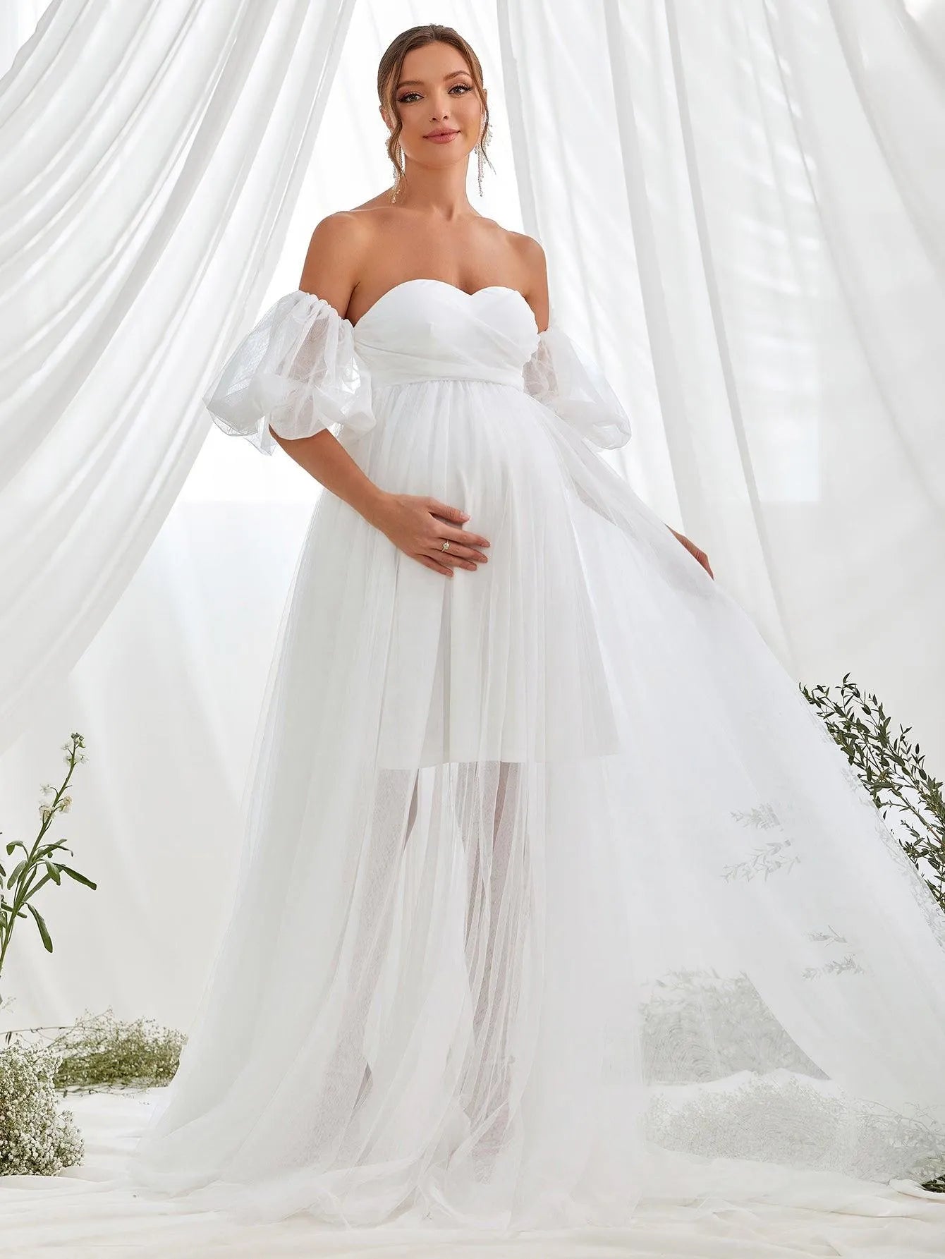 Additional product view of Mesh Overlay Puff-Sleeve Off-Shoulder A-Line Maxi Maternity Evening Dress