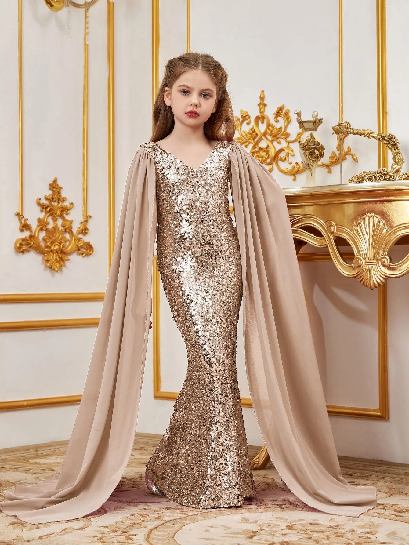 Cloak-Sleeve V-Neck Sequin Mermaid Chiffon Tween Girls' Party Dress in Champagne