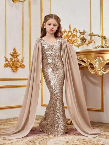Cloak-Sleeve V-Neck Sequin Mermaid Chiffon Tween Girls' Party Dress in Champagne