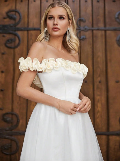 Off-Shoulder Satin Short-Sleeve A-Line Wedding Gown — authorized product image 5