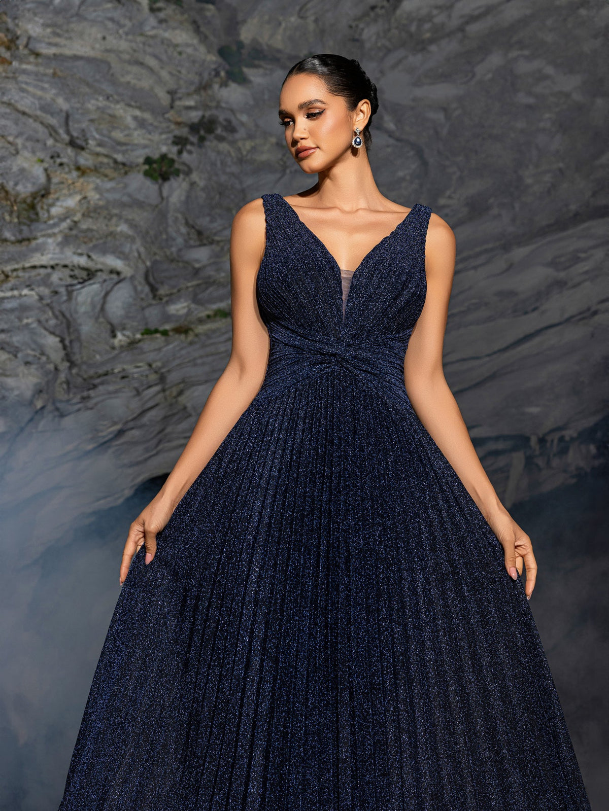 Glitter V Neck Sleeveless Maxi A Line Pleated Dress