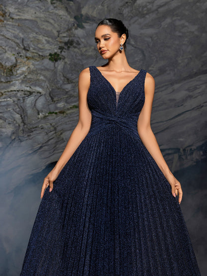 Glitter V Neck Sleeveless Maxi A Line Pleated Dress