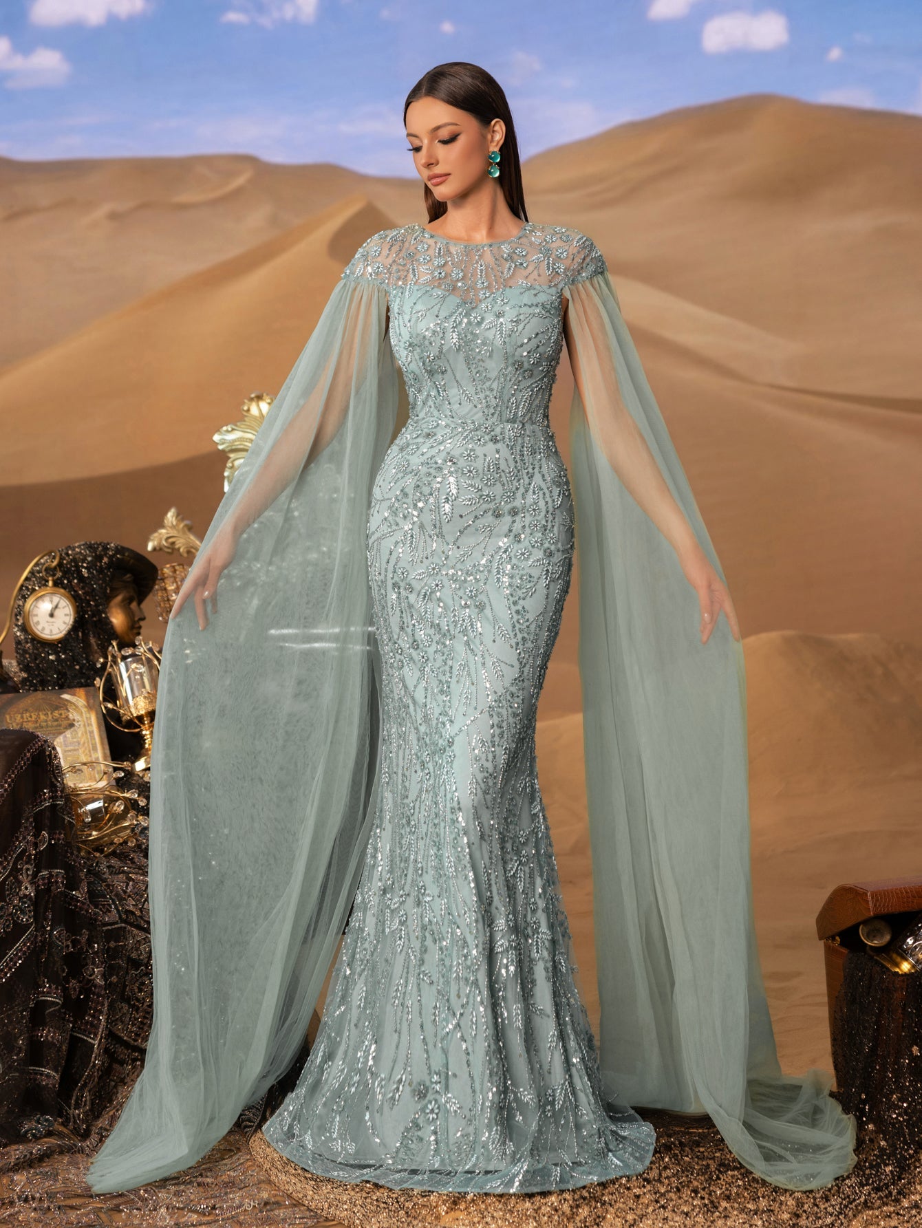 Luxury Round Neck Cloak Sleeve Mermaid Hem Beaded Evening Dress — authorized product image 7