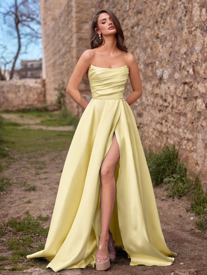 Strapless Lace Satin Sleeveless A-Line Evening Gown in Yellow