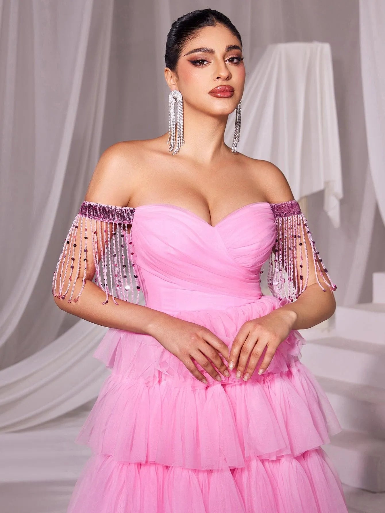 Off-Shoulder Fringed Sleeves Mesh Cake Dress – view 6