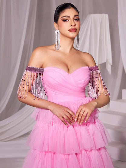 Off-Shoulder Fringed Sleeves Mesh Cake Dress – view 6