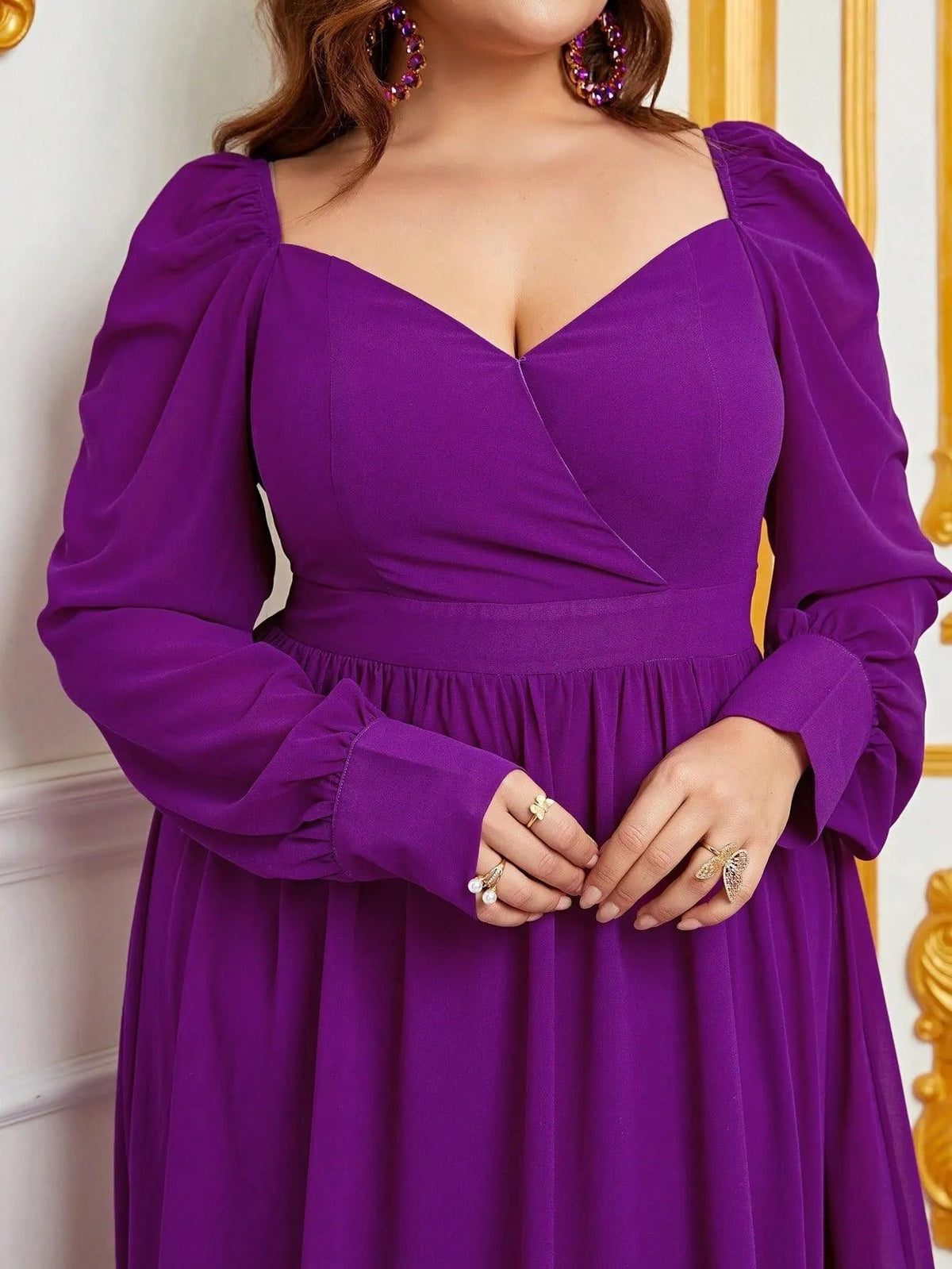Plus Sweetheart Neck Backless Long Sleeve Chiffon A line Dress