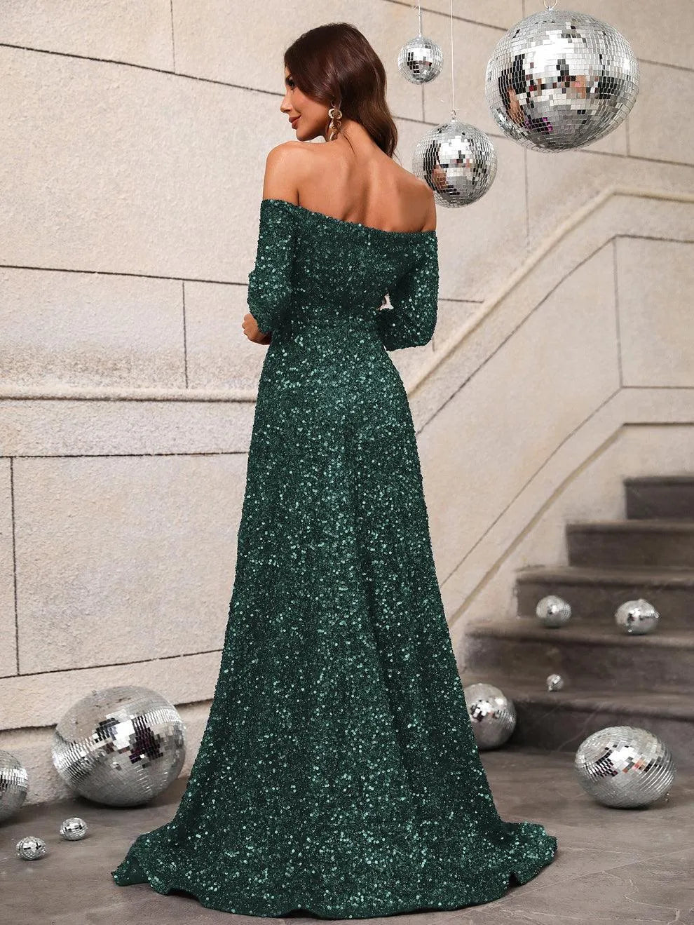 Off Shoulder 3/4 Sleeve Sequin A Line Dress
