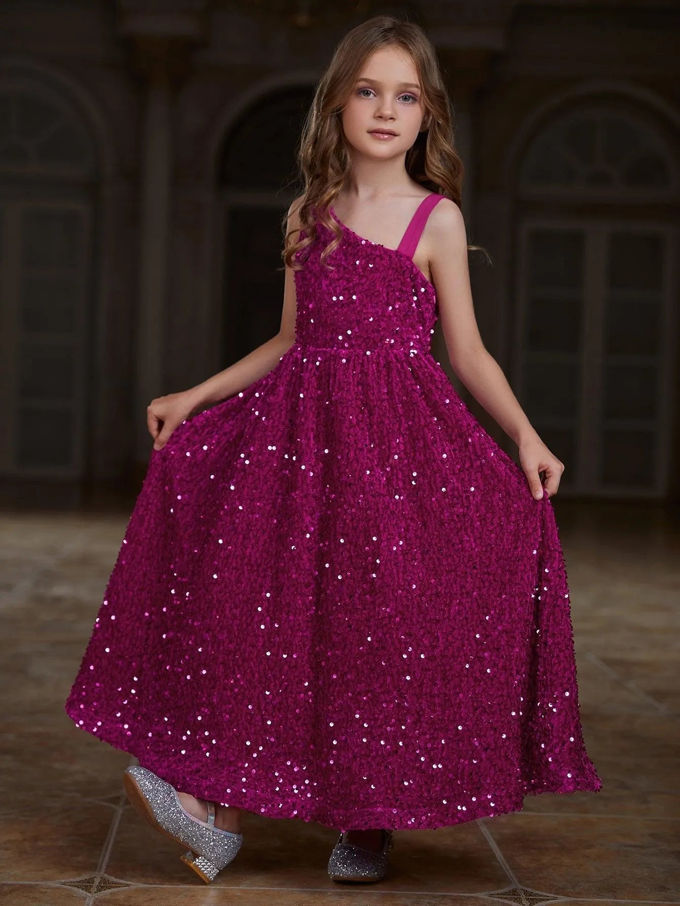 Additional product view of Asymmetrical Neckline Sequin A-Line Sleeveless Maxi Tween Girls' Party Dress