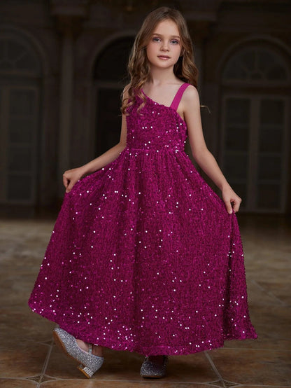 Additional product view of Asymmetrical Neckline Sequin A-Line Sleeveless Maxi Tween Girls' Party Dress