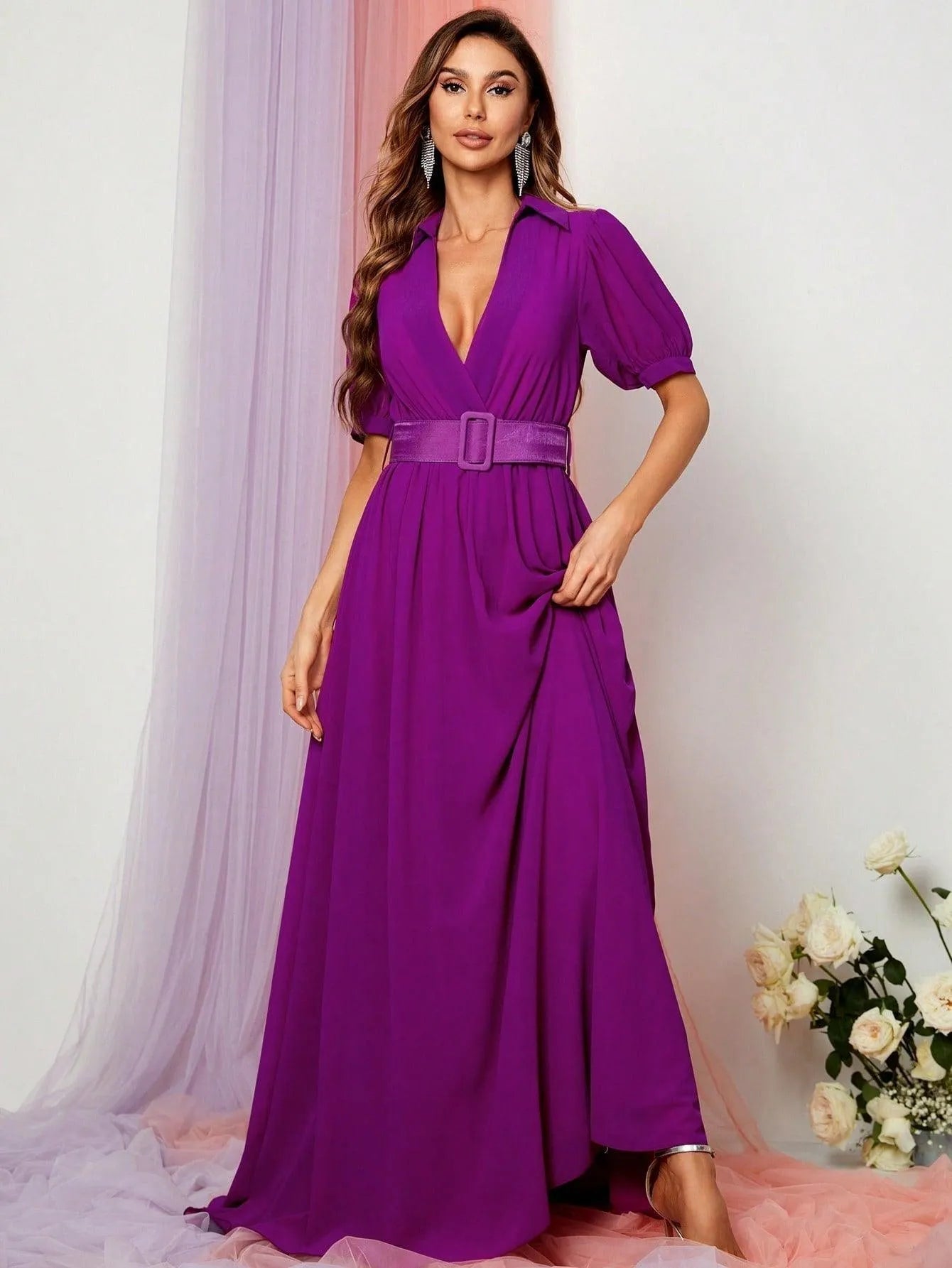 Deep V-Neck Puff-Sleeve Chiffon A-Line Maxi Evening Gown in Purple