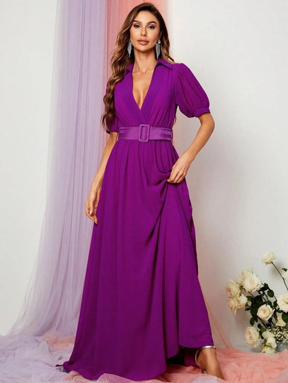Deep V-Neck Puff-Sleeve Chiffon A-Line Maxi Evening Gown in Purple
