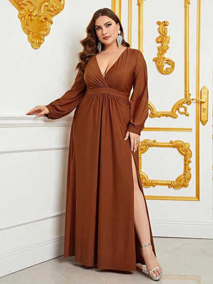 Additional product view of Plunging-Neck High-Slit Plus-Size V-Neck Knit Evening Gown