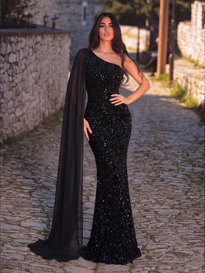 Elegant Sequin One Shoulder Sash Prom Dresses