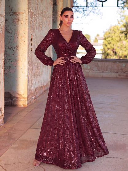 Elegant V Neck Long Sleeves Sequin A Line Dresses