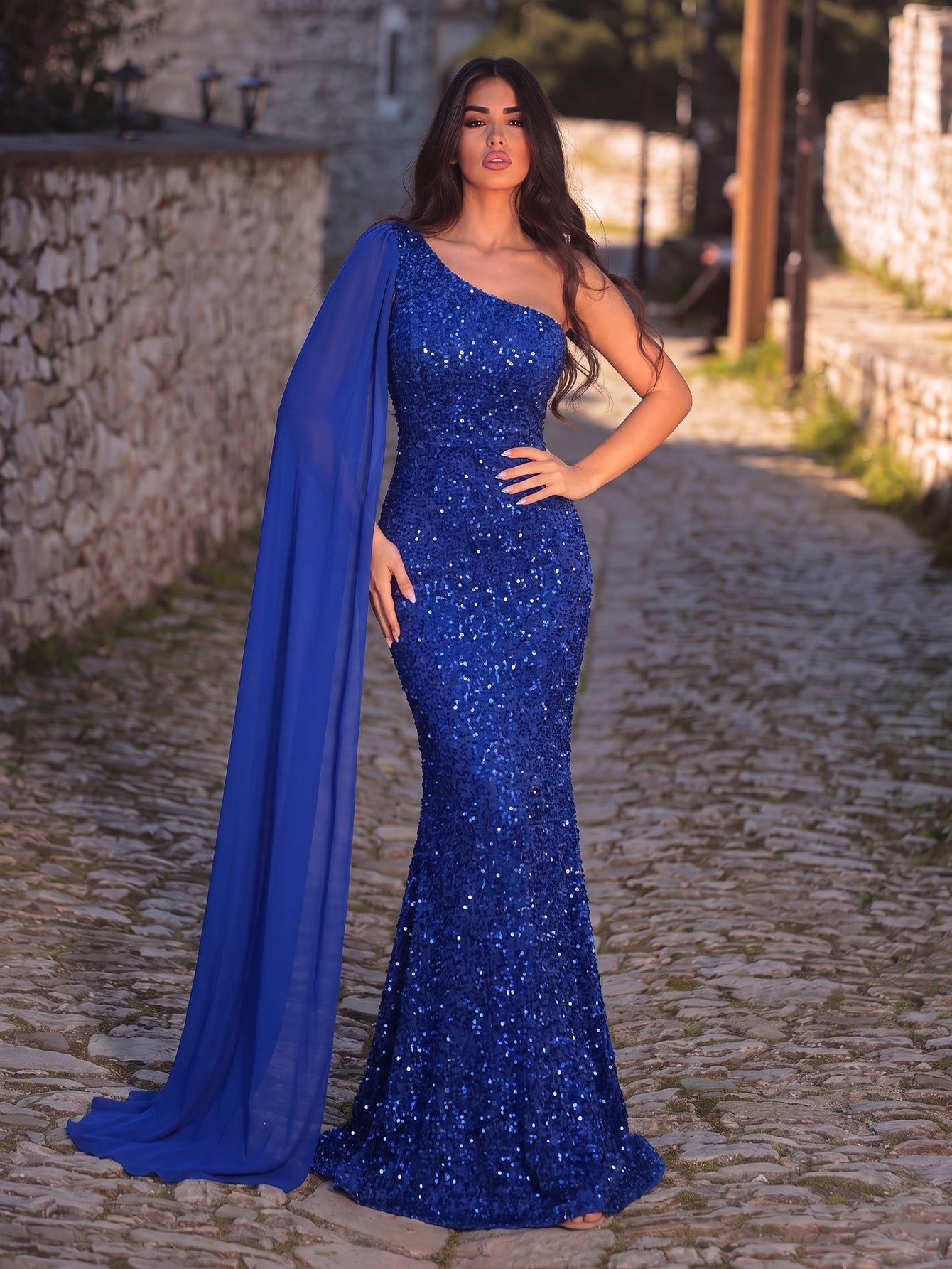 Elegant Sequin One Shoulder Sash Prom Dresses