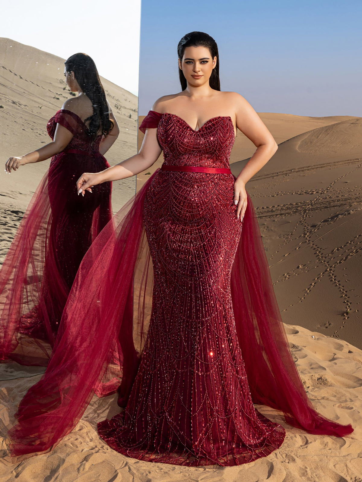 Plus-Size Strapless Tulle Sleeveless Mermaid Evening Gown — authorized product image 4