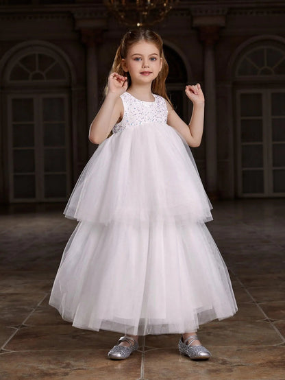 Additional product view of Layered Hem Sequin A-Line Sleeveless Mesh Tween Girls' Party Dress
