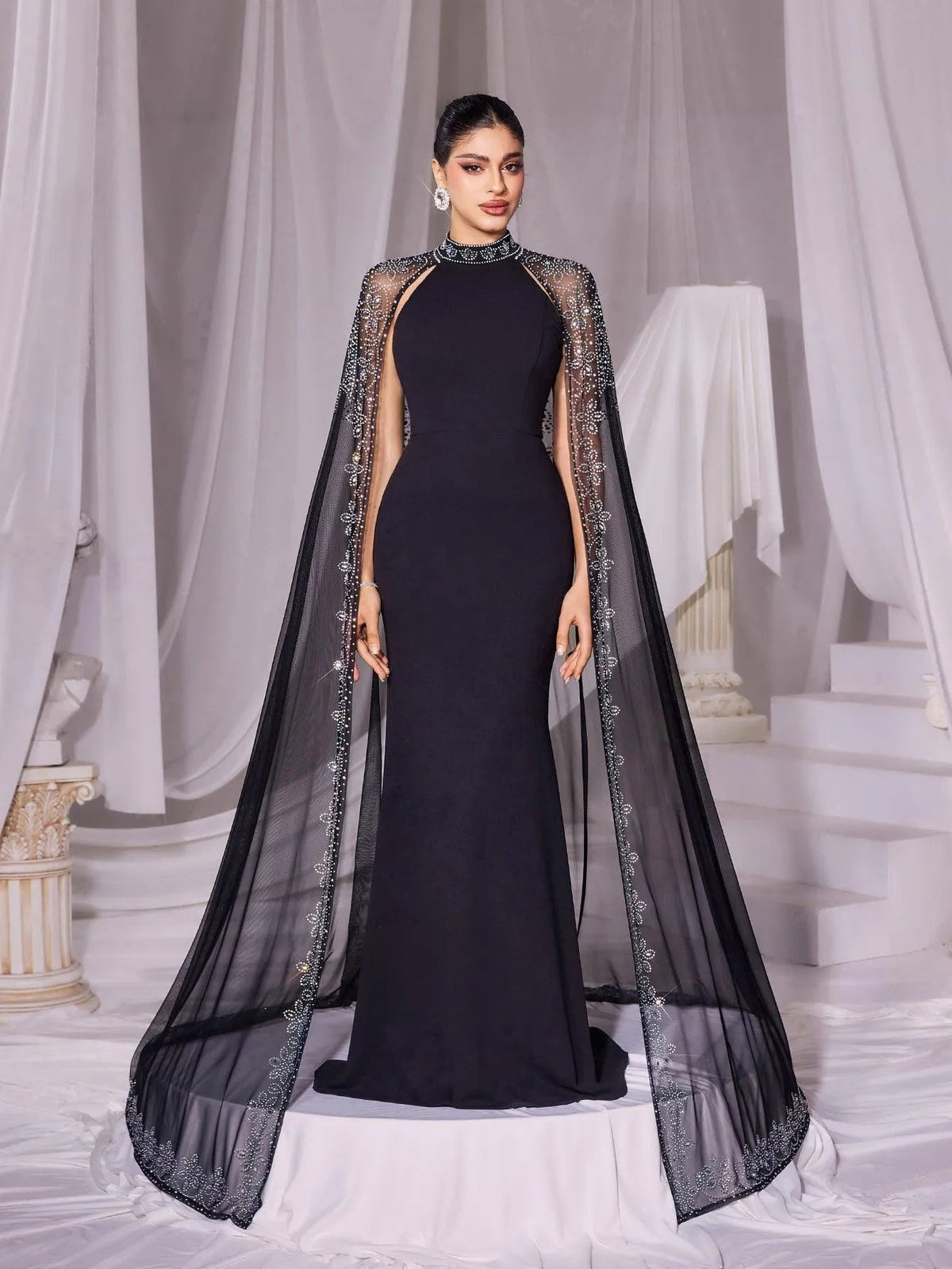 Additional view of Rhinestone Detail Mock Neck Mermaid Hem Formal Cape Evening Dress