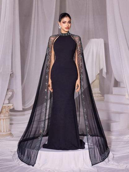 Additional view of Rhinestone Detail Mock Neck Mermaid Hem Formal Cape Evening Dress
