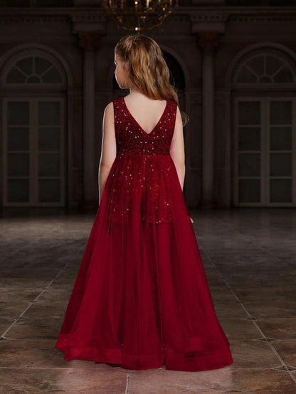 Additional product view of Mesh Overlay V-Neck Sequin Sleeveless Tween Girls' Formal Romper
