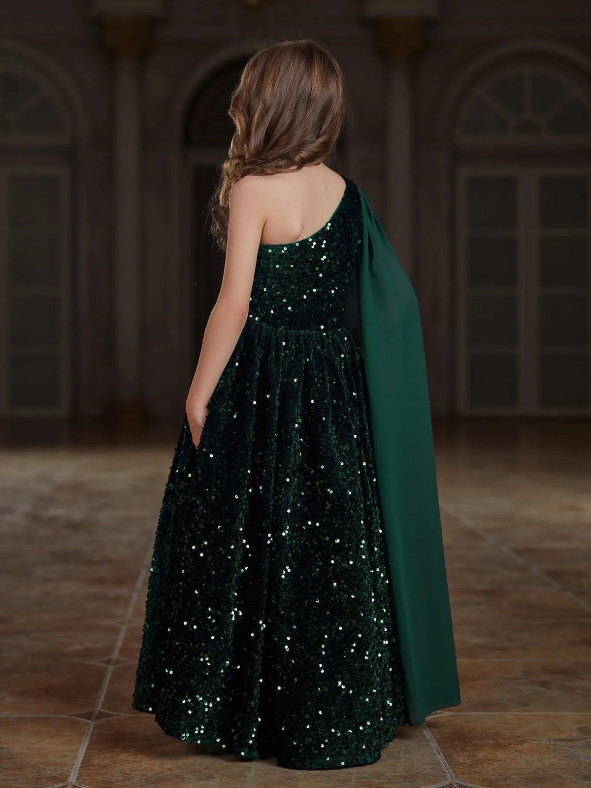 Tween Girls' One-Shoulder Draped Side Sequin A-Line Dress — authorized product image 2