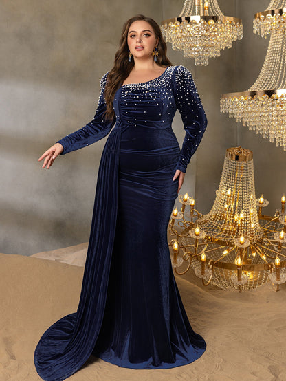 Plus Elegant Pearl Embellished Diagonal Neck Mermaid Hem Velvet Evening Dress