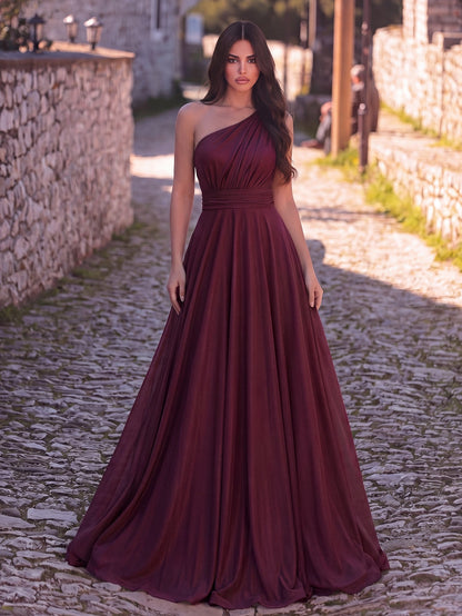 One-Shoulder Chiffon Sleeveless A-Line Evening Gown in Burgundy