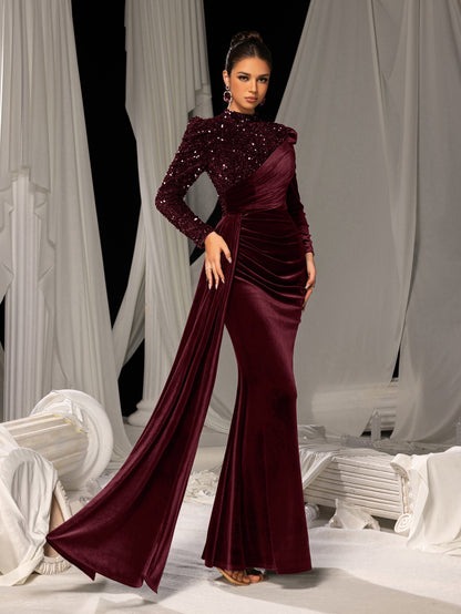 Elegant Velvet Evening Gown with Sequin Detail & Mermaid Silhouette – Luxury Bridal Wear for Weddings or High-End Events, XS-XL