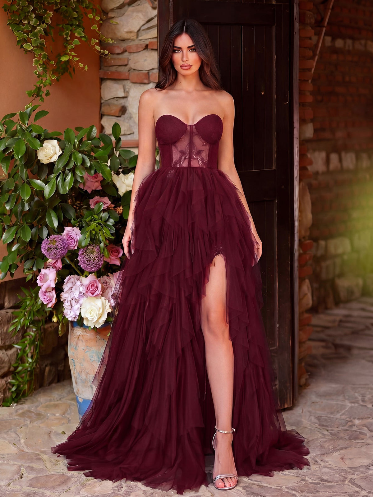 Lace Bodice Contrast Layered Mesh Hem Dress