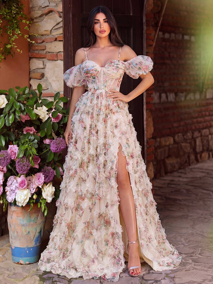 Floral Tulle Off Shoulder Cascading Ruffle Hem Slip Prom Dress