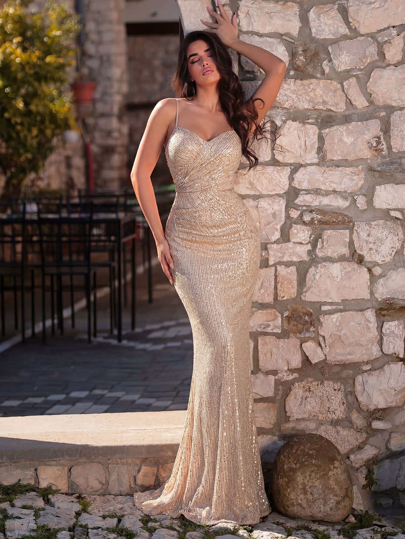 Additional product view of Ruched Wrap Cami Strap Sequin Mermaid Sleeveless Evening Gown