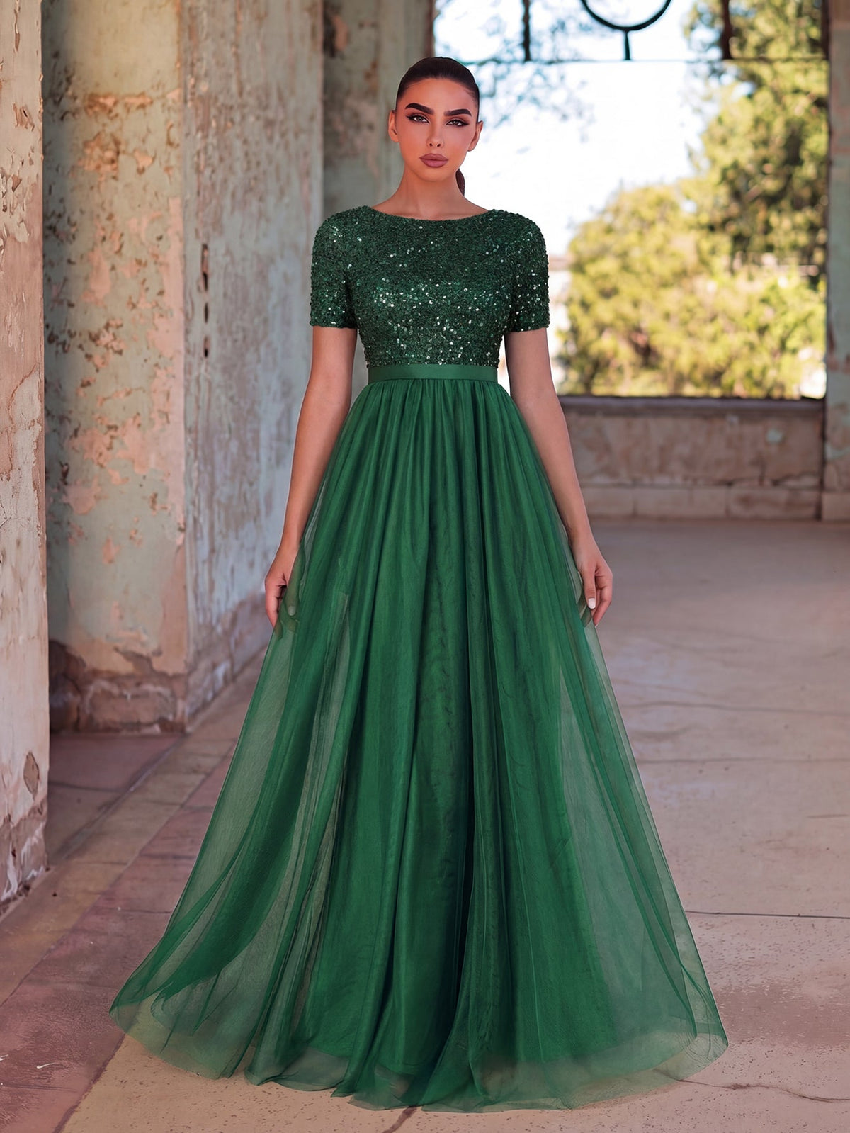 Alternate view of Tulle Skirt Boat-Neck Sequin A-Line Short-Sleeve Evening Gown in Dark Green