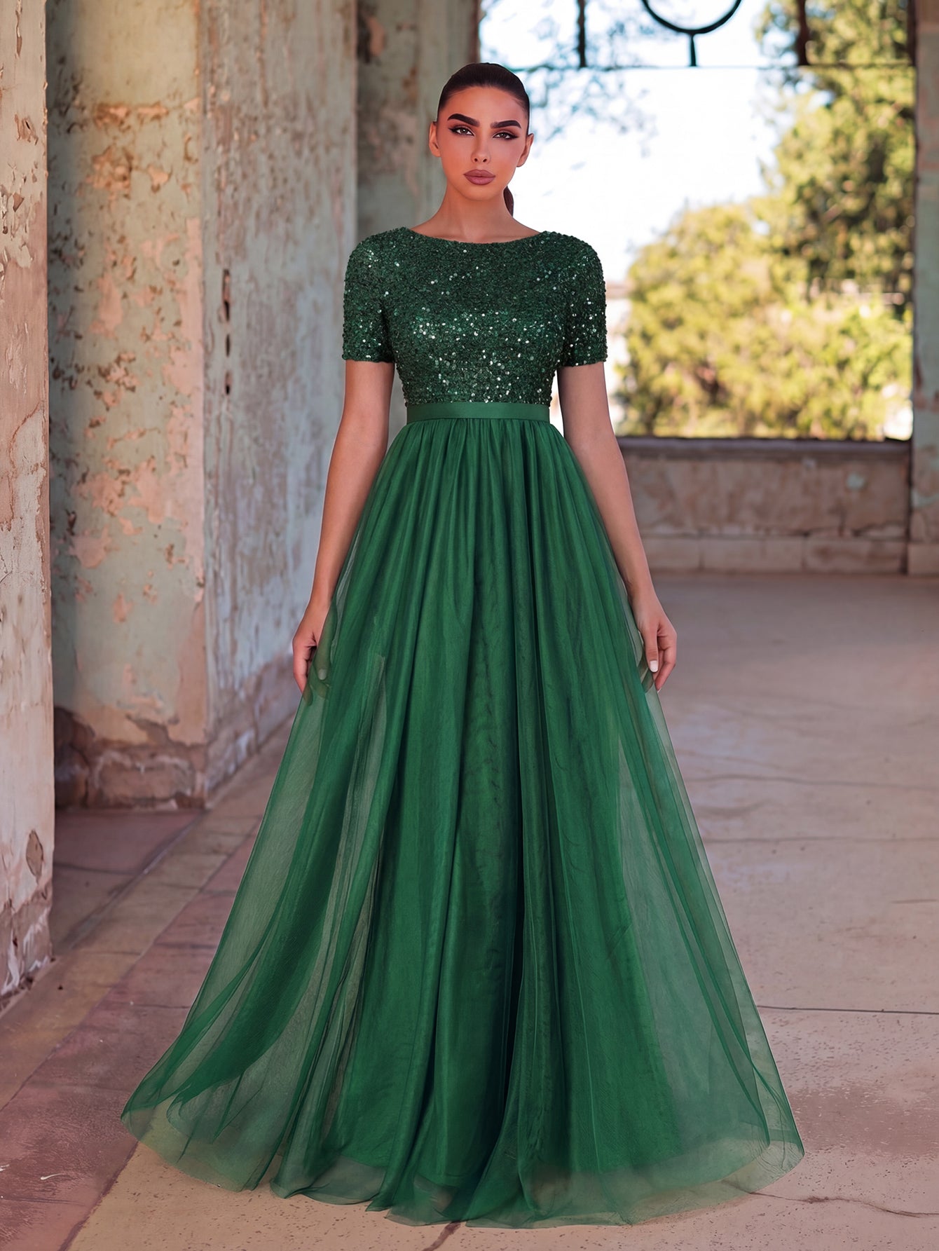 Alternate view of Tulle Skirt Boat-Neck Sequin A-Line Short-Sleeve Evening Gown in Dark Green