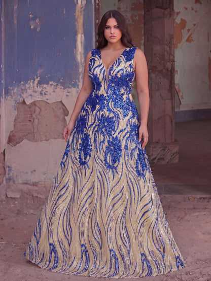 Plus Floral Sequin V Neck Sleeveless A-Line Formal Dress