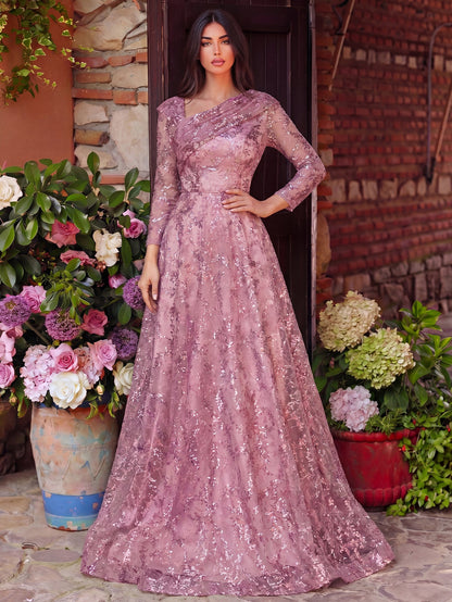 Mauve floral sequin prom dress with three-quarter sheer sleeves