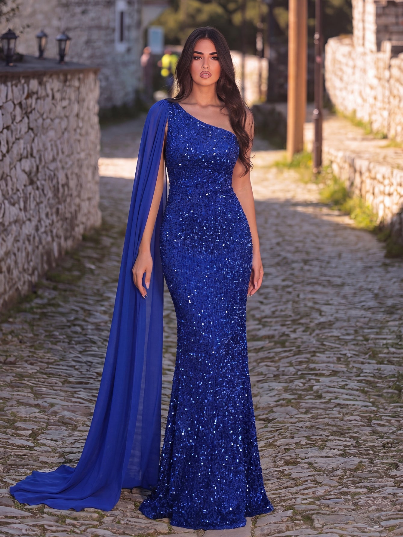Elegant Sequin One Shoulder Sash Prom Dresses