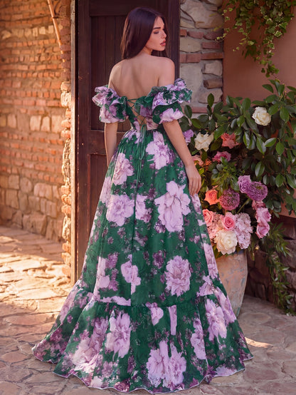 Elegant Ruffle Trim Off Shoulder Floral Organza Prom Dress