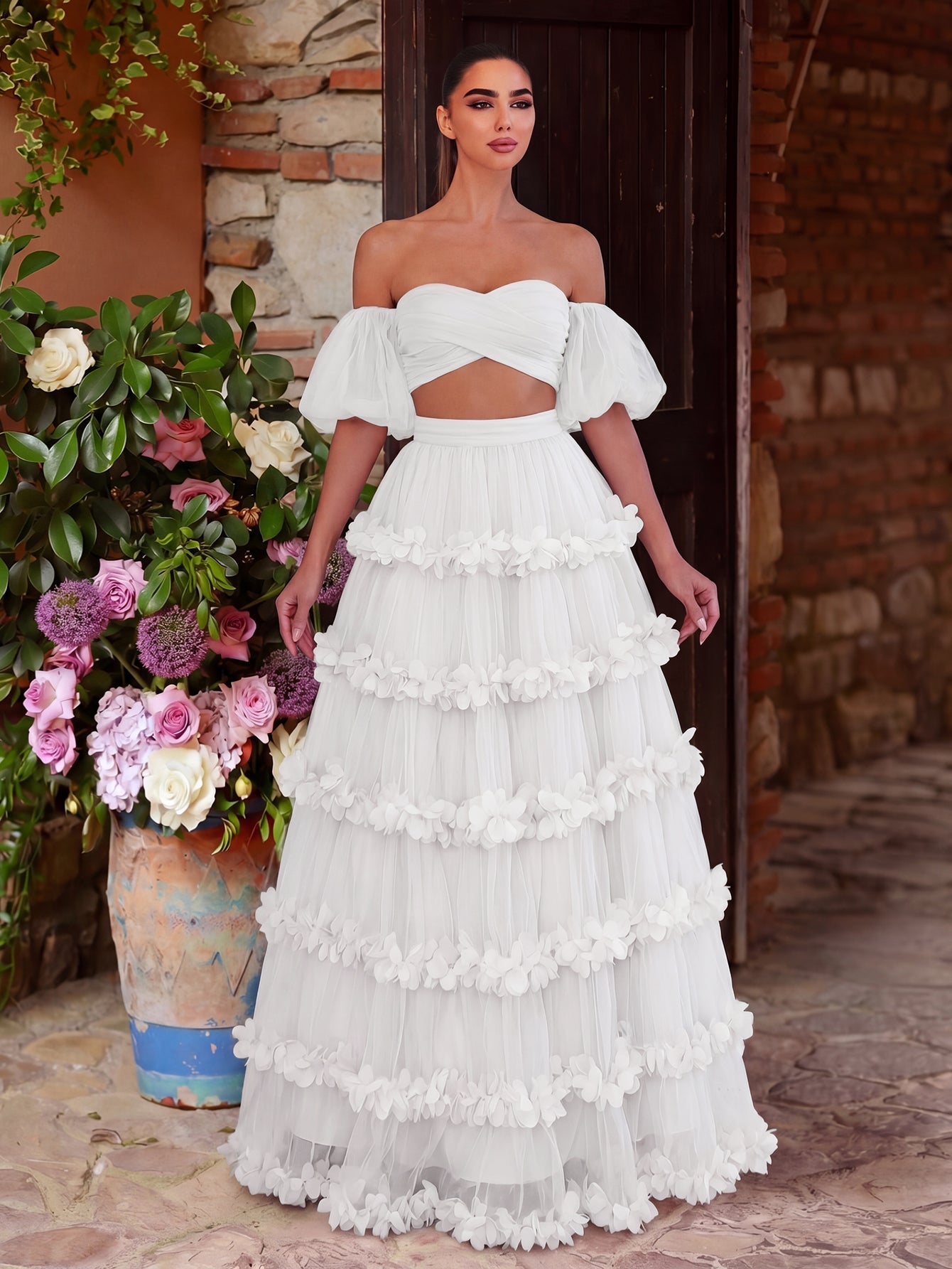Off Shoulder Puff Sleeve Crop Top & Frill Trim Mesh Skirt – authorized supplier view 7