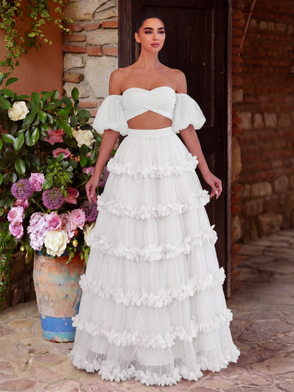 Off Shoulder Puff Sleeve Crop Top & Frill Trim Mesh Skirt – authorized supplier view 7