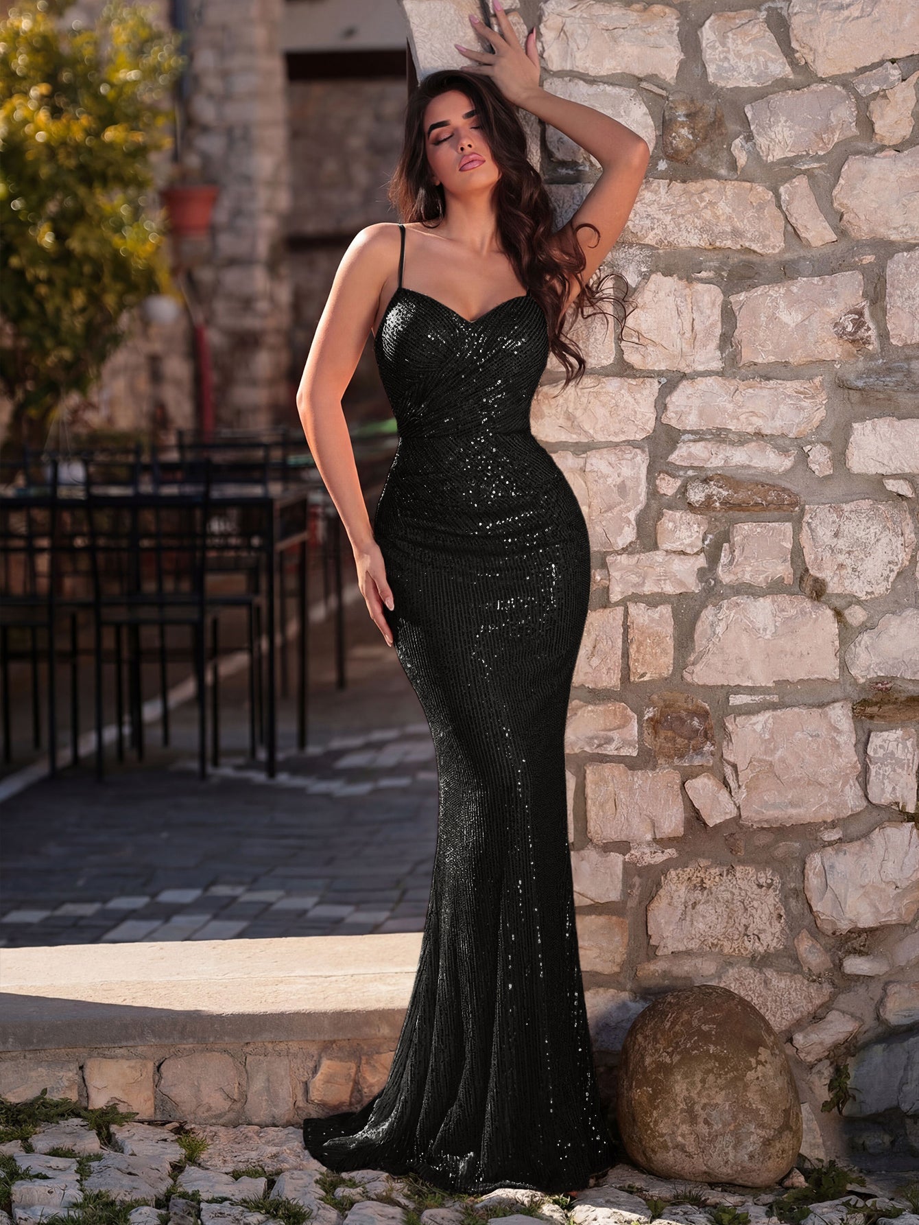 Additional product view of Ruched Wrap Cami Strap Sequin Mermaid Sleeveless Evening Gown