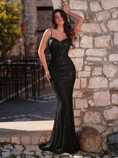Additional product view of Ruched Wrap Cami Strap Sequin Mermaid Sleeveless Evening Gown